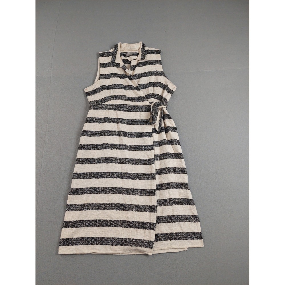 ASOS Women Wrap Dress 14 Gray Stripe Sleeveless Tie Waist Slit Collared Workwear